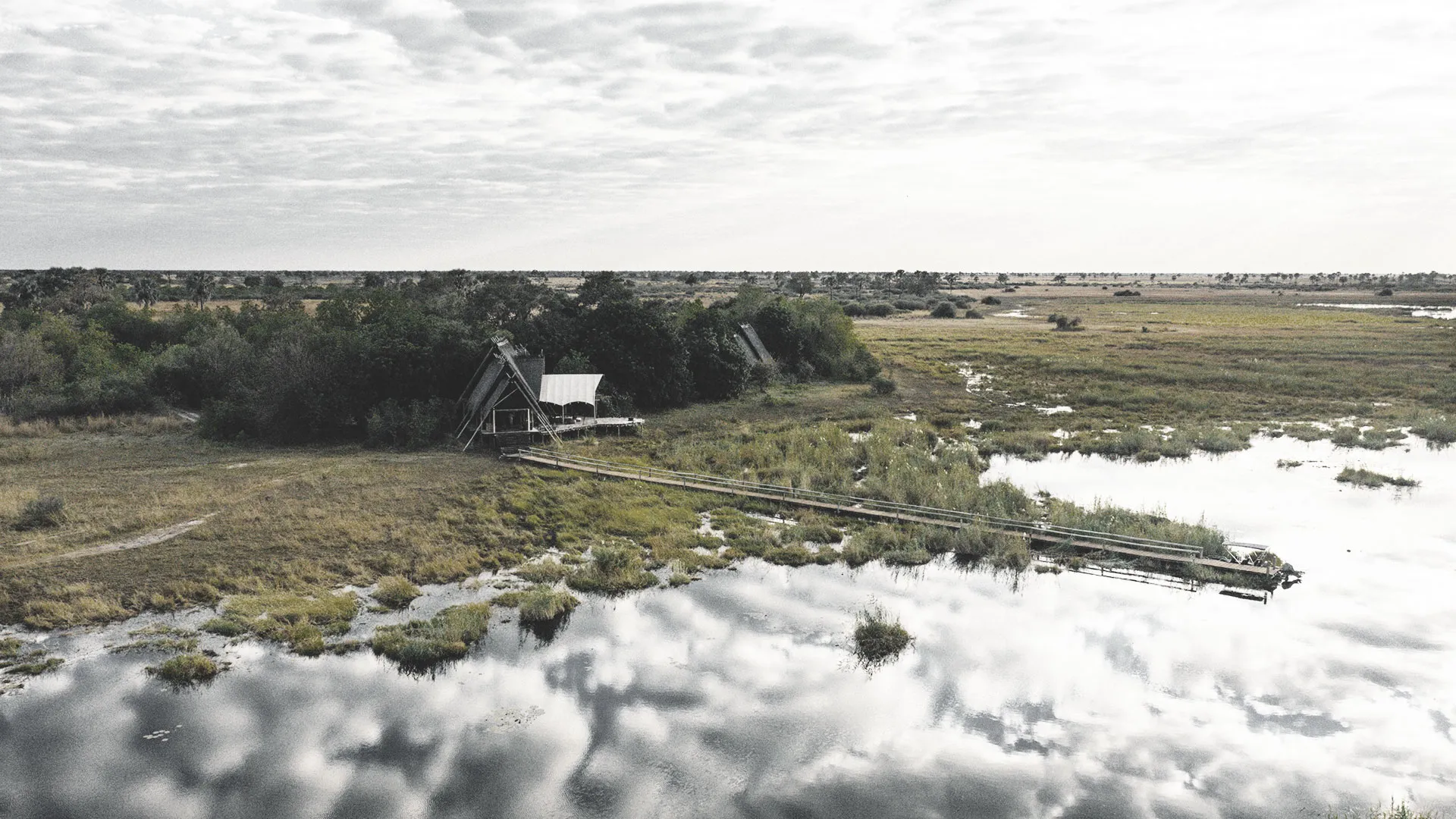 Wide floodplain of the Okavango Delta under a big sky