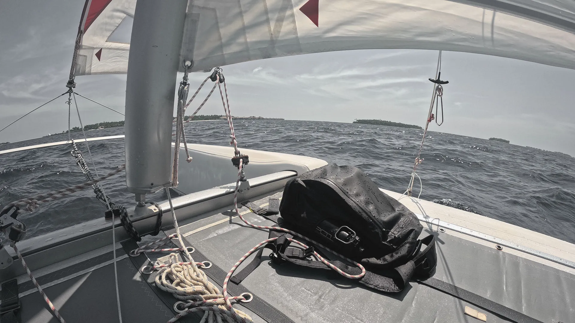 The EP01 pack on a dive boat, open Indian Ocean beyond